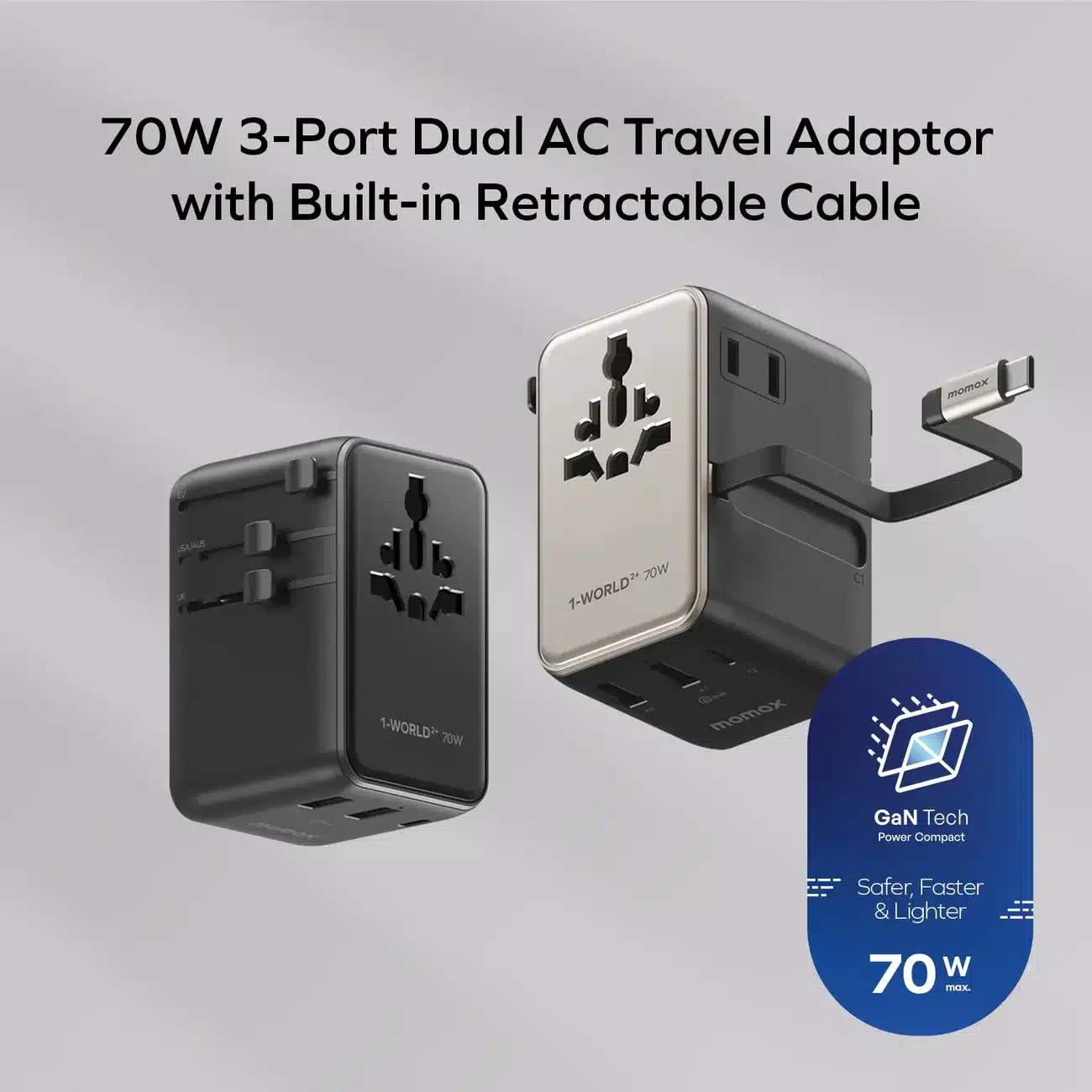 Momax UA30 1 World²⁺ 70W 3 Port Dual AC Travel Adapter with Built In Retractable Cable 5